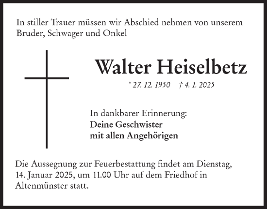 Traueranzeige von Walter Heiselbetz von Hohenloher Tagblatt