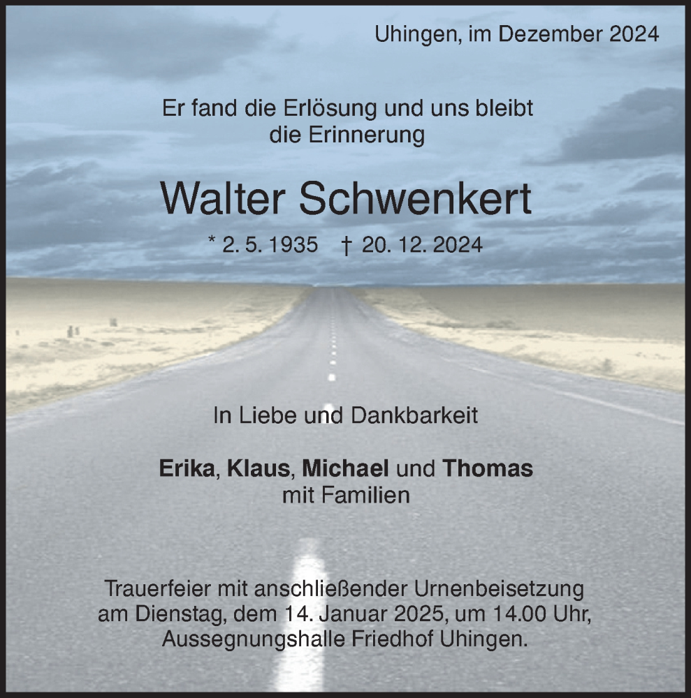  Traueranzeige für Walter Schwenkert vom 04.01.2025 aus NWZ Neue Württembergische Zeitung