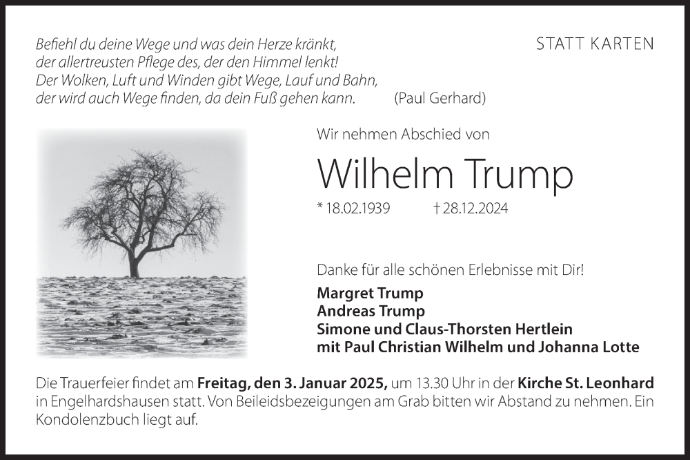  Traueranzeige für Wilhelm Trump vom 31.12.2024 aus Hohenloher Tagblatt