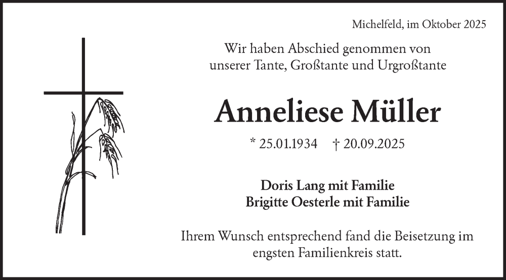  Traueranzeige für Anneliese Müller vom 02.10.2025 aus Haller Tagblatt