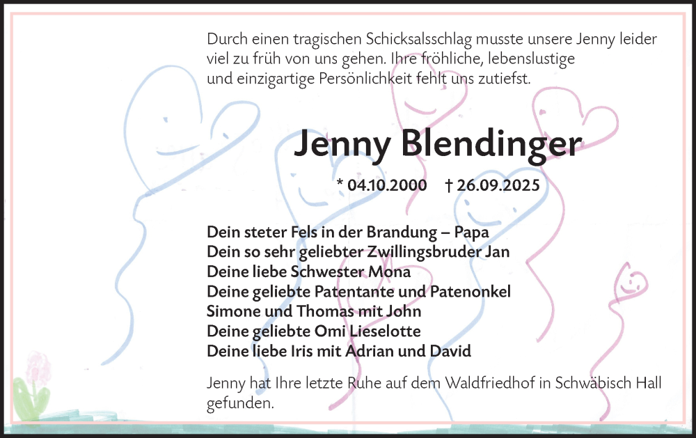  Traueranzeige für Jenny Blendinger vom 11.10.2025 aus Haller Tagblatt