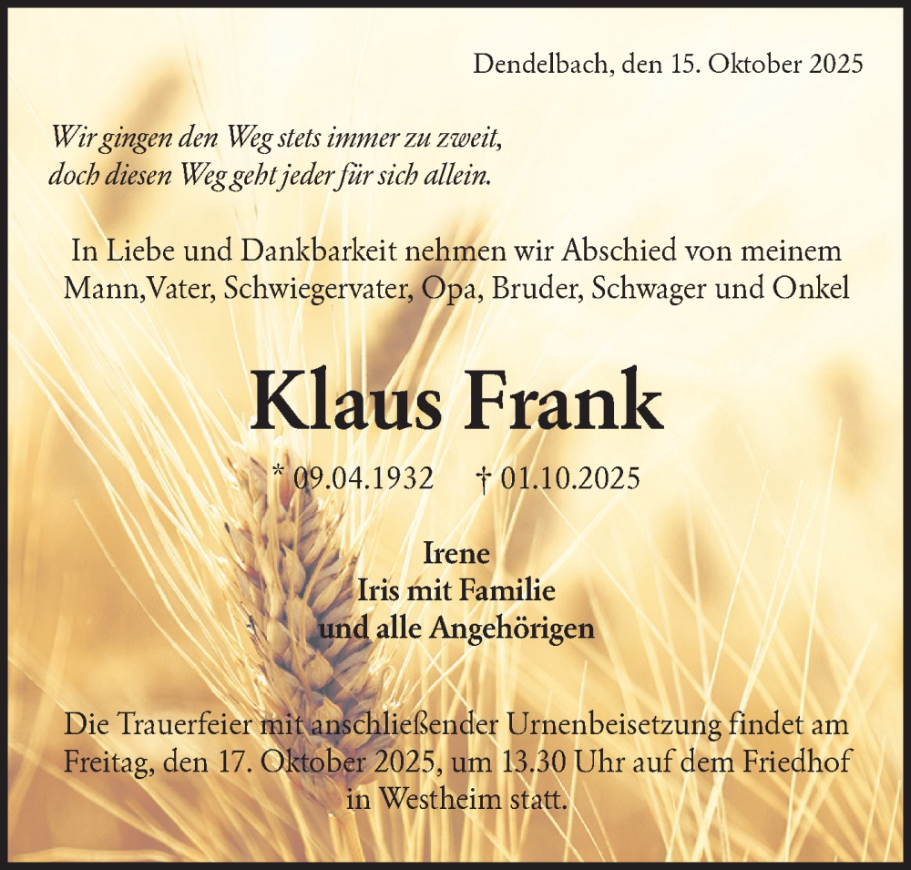  Traueranzeige für Klaus Frank vom 15.10.2025 aus Haller Tagblatt
