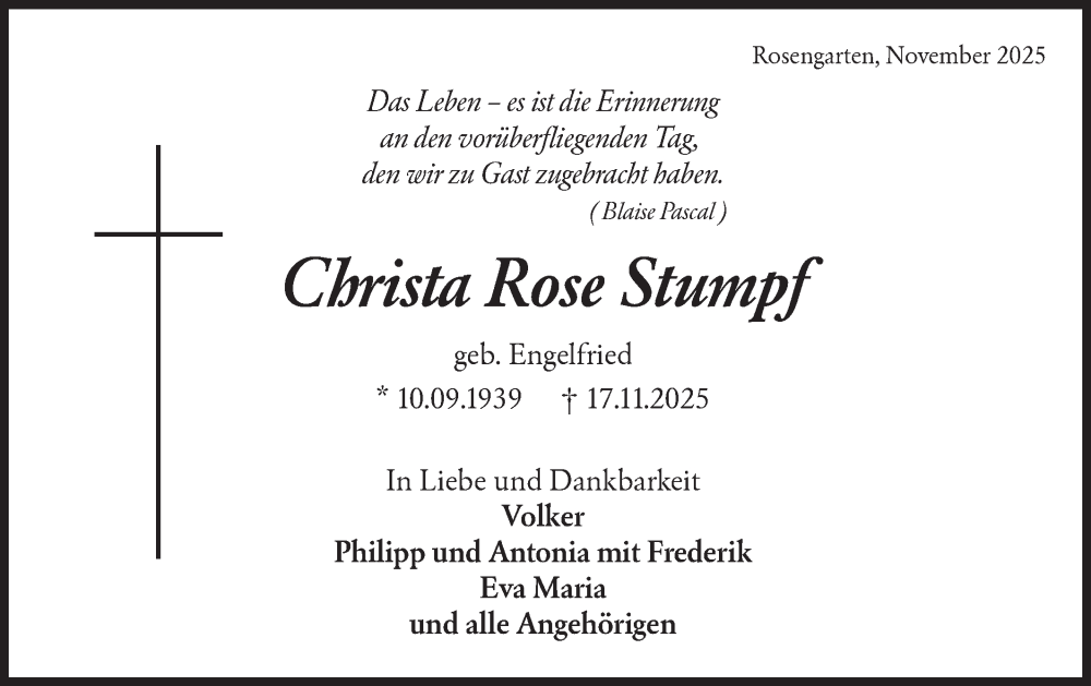  Traueranzeige für Christa Rose Stumpf vom 27.11.2025 aus Haller Tagblatt