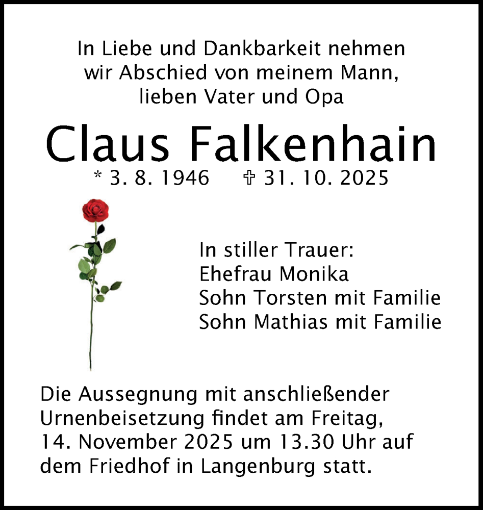  Traueranzeige für Claus Falkenhain vom 12.11.2025 aus Hohenloher Tagblatt