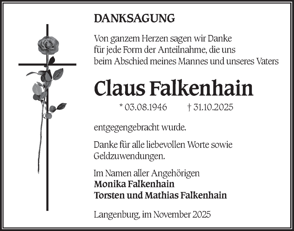  Traueranzeige für Claus Falkenhain vom 21.11.2025 aus Hohenloher Tagblatt