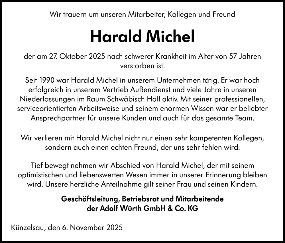  Traueranzeige für Harald Michel vom 06.11.2025 aus Haller Tagblatt