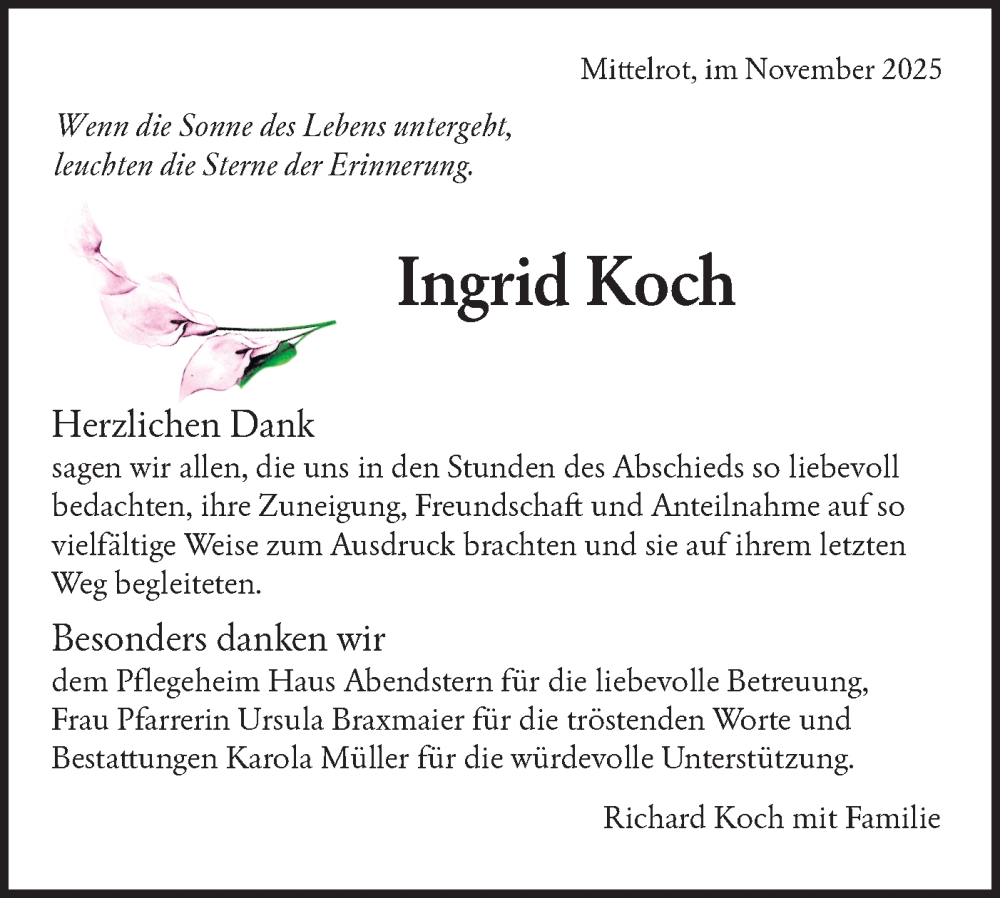  Traueranzeige für Ingrid Koch vom 08.11.2025 aus Rundschau Gaildorf