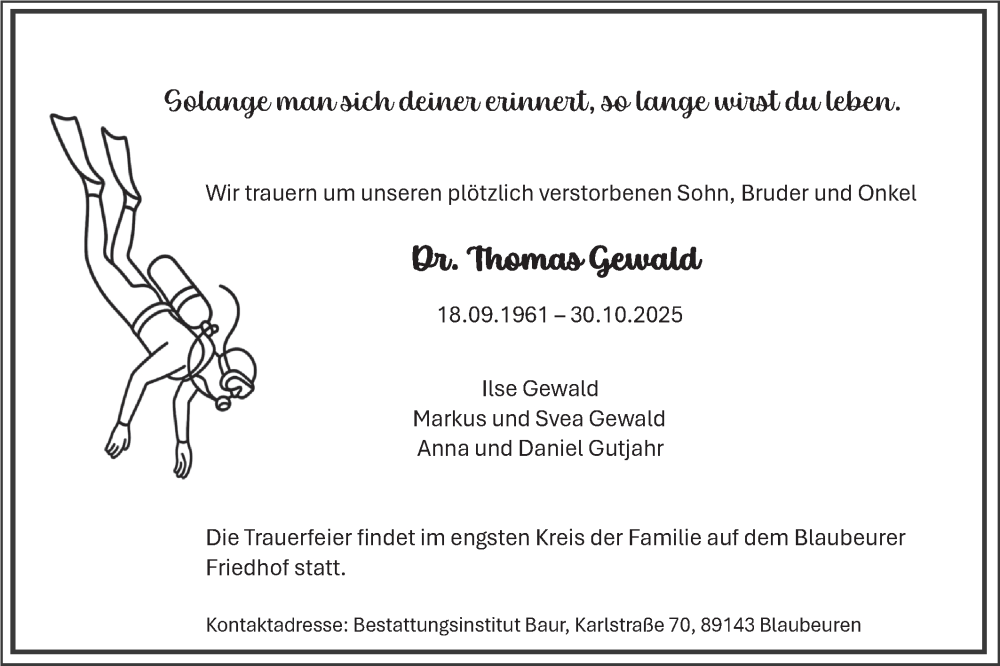  Traueranzeige für Thomas Gewald vom 14.11.2025 aus Das Blaumännle