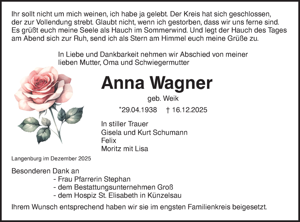  Traueranzeige für Anna Wagner vom 31.12.2025 aus Hohenloher Tagblatt