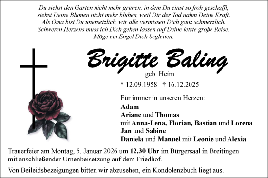 Traueranzeige von Brigitte Baling von SÜDWEST PRESSE Ausgabe Ulm/Neu-Ulm