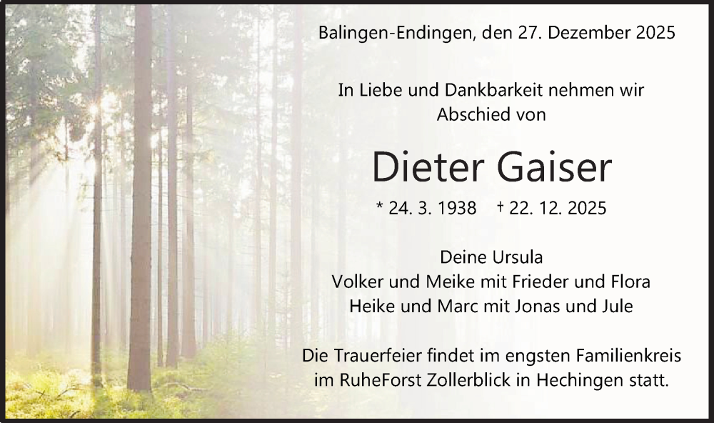  Traueranzeige für Dieter Gaiser vom 27.12.2025 aus SÜDWEST PRESSE Zollernalbkreis/Hohenzollerische Zeitung