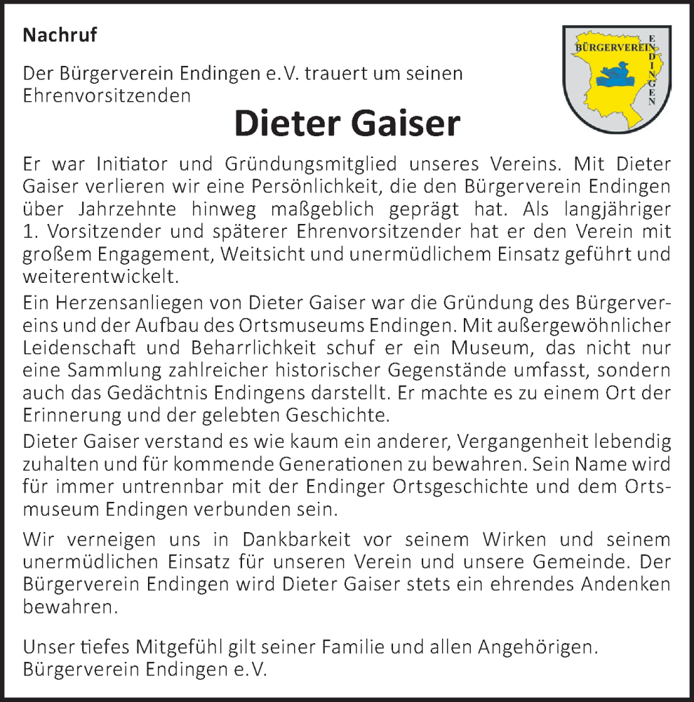 Traueranzeige für Dieter Gaiser vom 30.12.2025 aus SÜDWEST PRESSE Zollernalbkreis/Hohenzollerische Zeitung