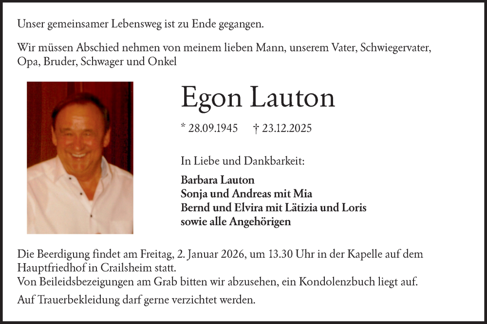  Traueranzeige für Egon Lauton vom 30.12.2025 aus Hohenloher Tagblatt
