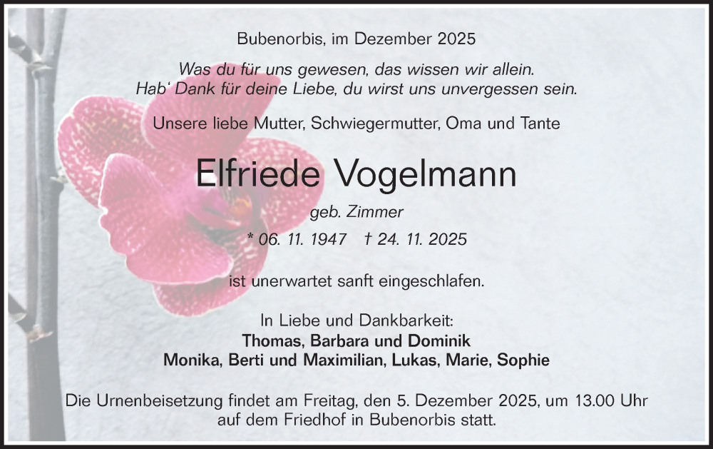  Traueranzeige für Elfriede Vogelmann vom 02.12.2025 aus Haller Tagblatt/Hohenloher Tagblatt