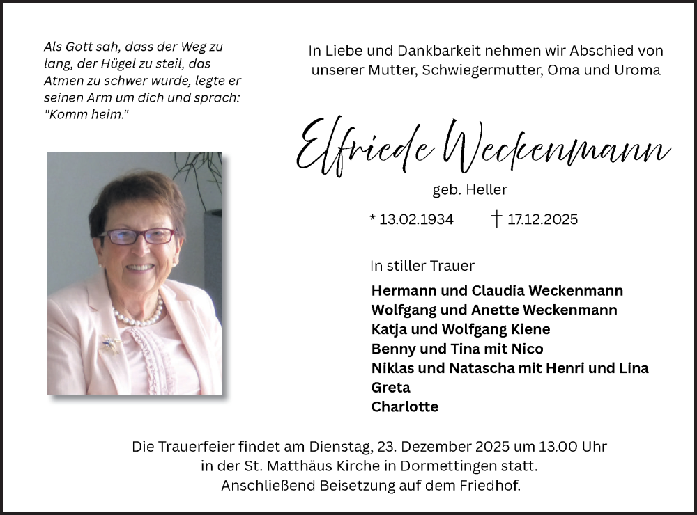  Traueranzeige für Elfriede Weckenmann vom 20.12.2025 aus SÜDWEST PRESSE Zollernalbkreis/Hohenzollerische Zeitung