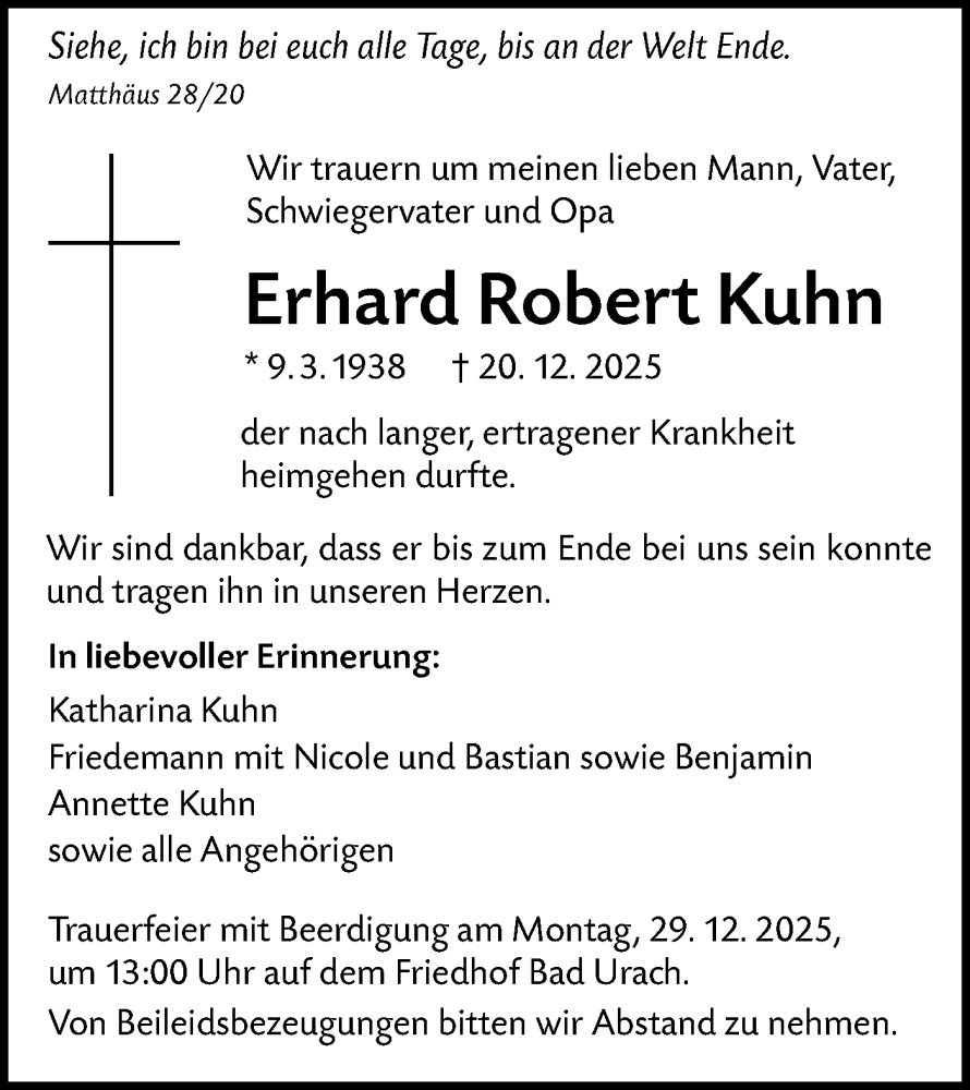  Traueranzeige für Erhard Robert Kuhn vom 27.12.2025 aus Alb-Bote/Metzinger-Uracher Volksblatt