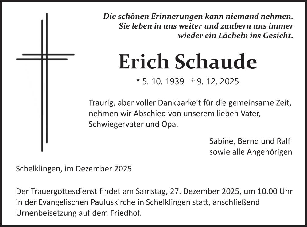  Traueranzeige für Erich Schaude vom 20.12.2025 aus Ehinger Tagblatt