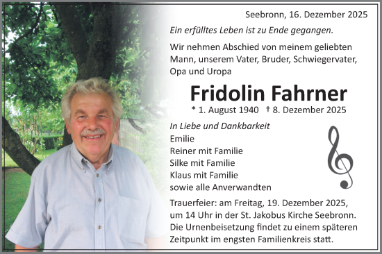 Traueranzeige von Fridolin Fahrner von Schwäbische Tagblatt