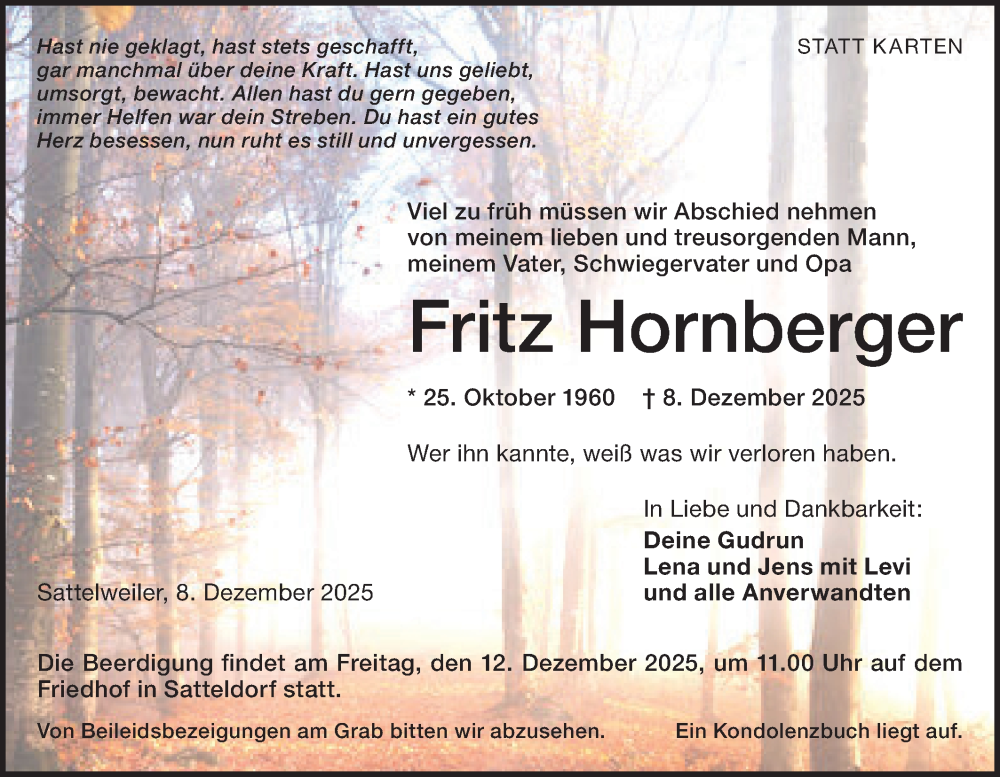  Traueranzeige für Fritz Hornberger vom 10.12.2025 aus Hohenloher Tagblatt