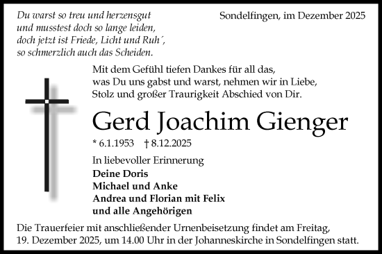 Traueranzeige von Gerd Joachim Gienger von Alb-Bote/Metzinger-Uracher Volksblatt