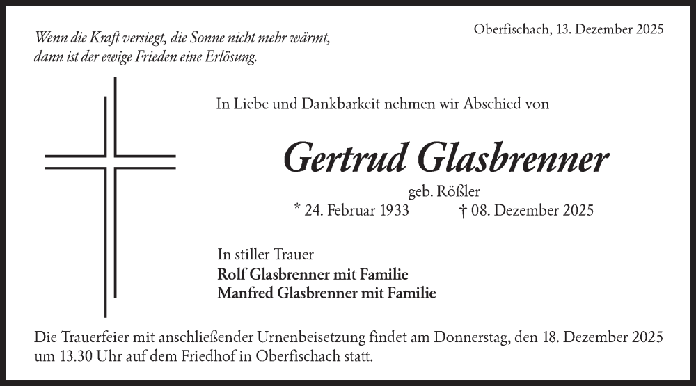  Traueranzeige für Gertrud Glasbrenner vom 13.12.2025 aus Haller Tagblatt