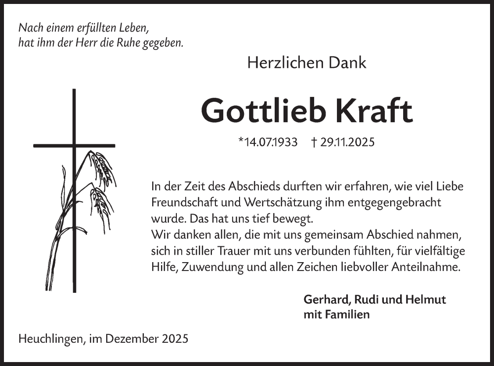  Traueranzeige für Gottlieb Kraft vom 31.12.2025 aus Hohenloher Tagblatt