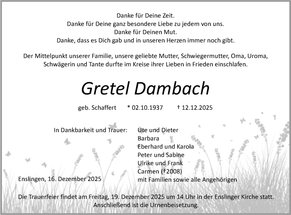  Traueranzeige für Gretel Dambach vom 16.12.2025 aus Haller Tagblatt