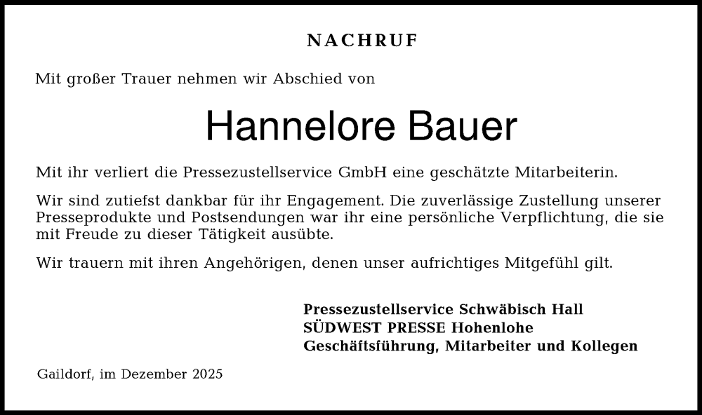  Traueranzeige für Hannelore Bauer vom 20.12.2025 aus Rundschau Gaildorf