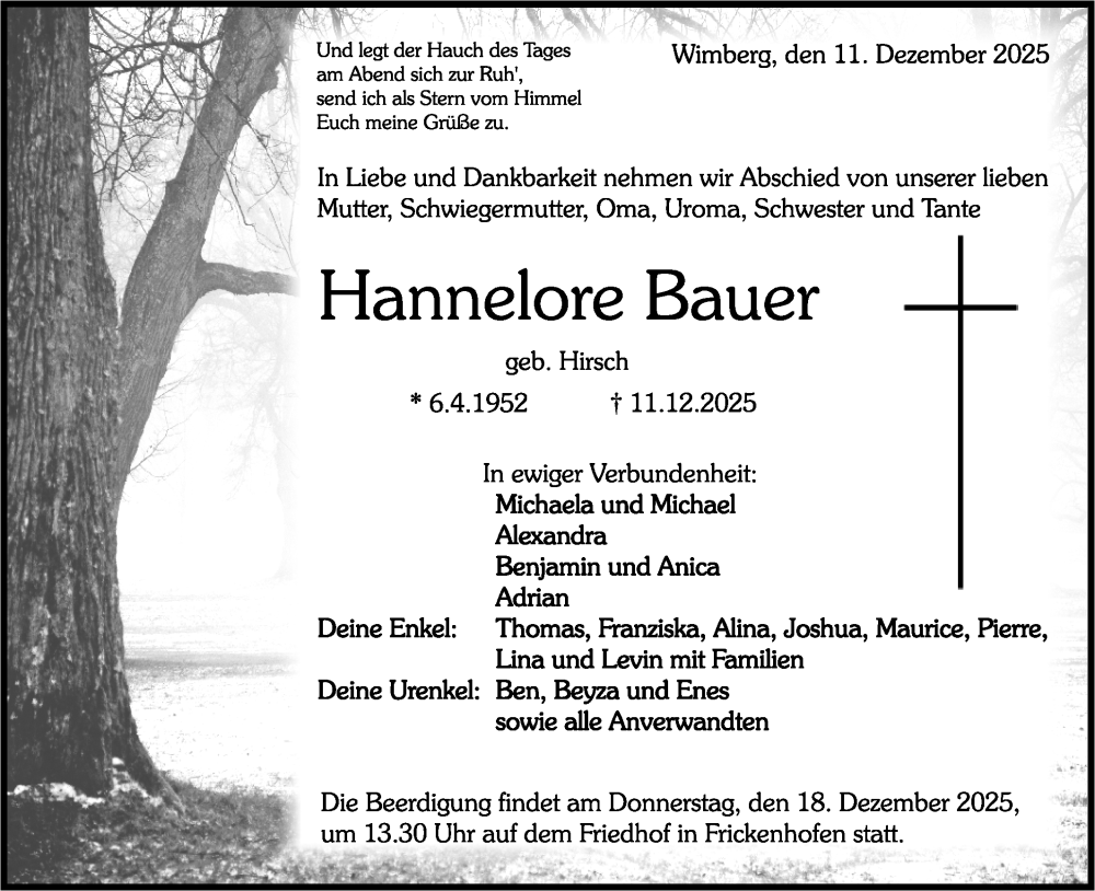  Traueranzeige für Hannelore Bauer vom 16.12.2025 aus Rundschau Gaildorf