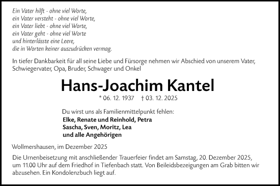 Traueranzeige von Hans-Joachim Kantel von Hohenloher Tagblatt