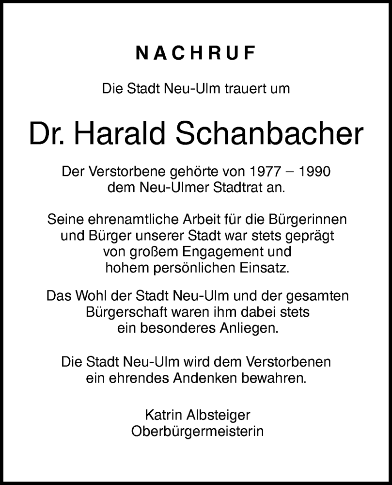  Traueranzeige für Harald Schanbacher vom 13.12.2025 aus SÜDWEST PRESSE Ausgabe Ulm/Neu-Ulm