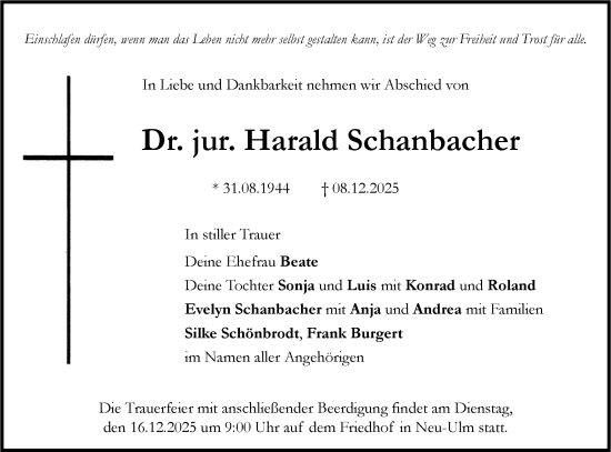 Traueranzeige von Harald Schanbacher von SÜDWEST PRESSE Ausgabe Ulm/Neu-Ulm