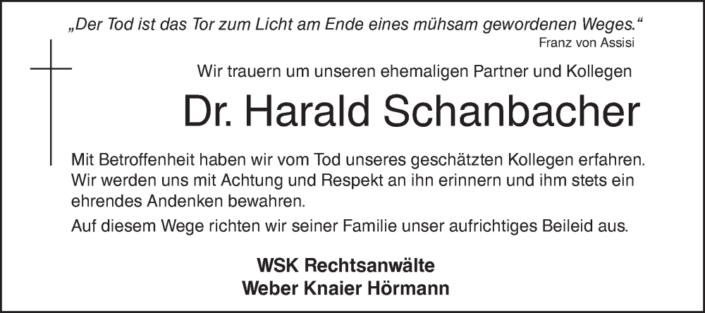  Traueranzeige für Harald Schanbacher vom 13.12.2025 aus SÜDWEST PRESSE Ausgabe Ulm/Neu-Ulm