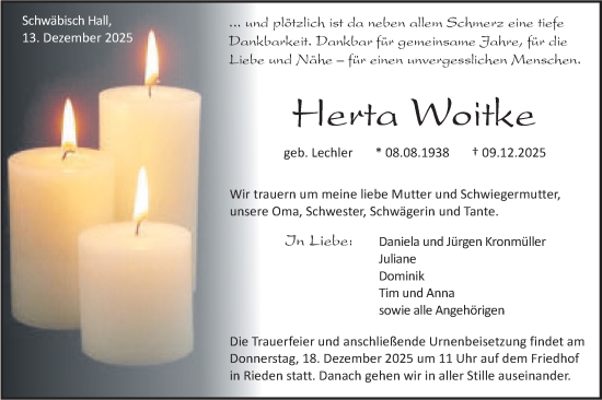 Traueranzeige von Herta Woitke von Haller Tagblatt