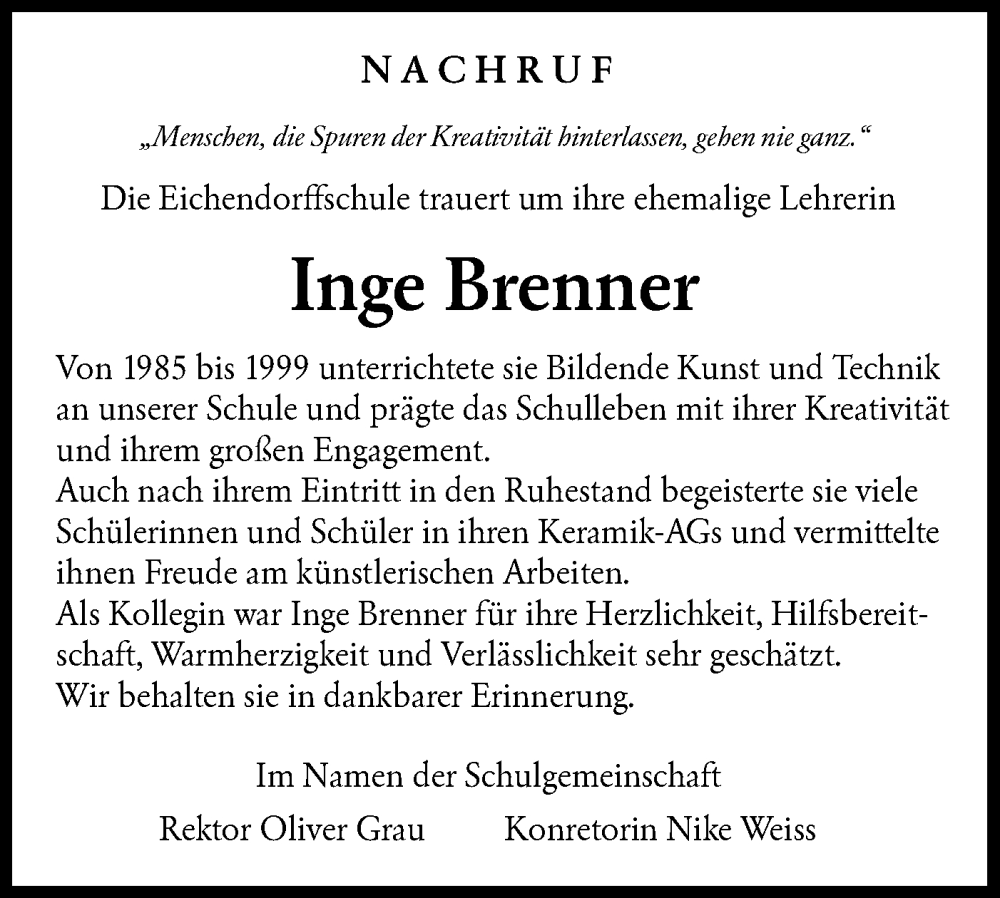  Traueranzeige für Inge Brenner vom 29.12.2025 aus Hohenloher Tagblatt