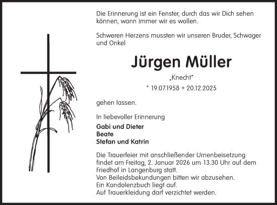 Traueranzeige von Jürgen Müller von Hohenloher Tagblatt