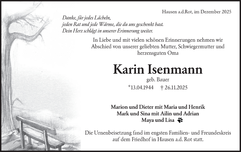  Traueranzeige für Karin Isenmann vom 13.12.2025 aus Rundschau Gaildorf