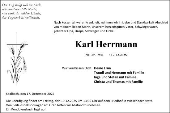 Traueranzeige von Karl Herrmann von Hohenloher Tagblatt