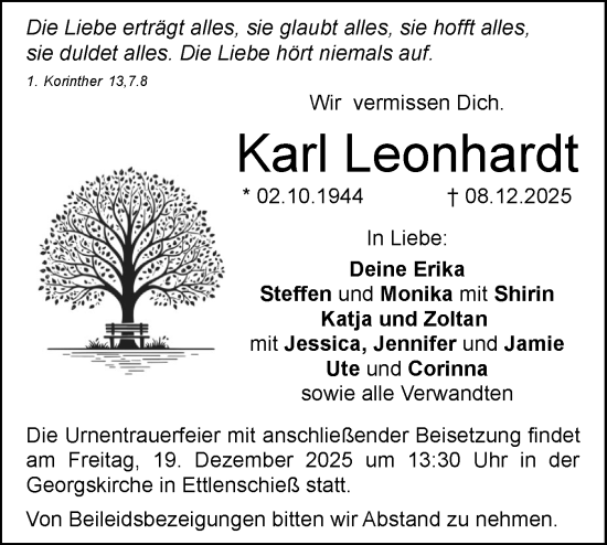 Traueranzeige von Karl Leonhardt von SÜDWEST PRESSE Ausgabe Ulm/Neu-Ulm