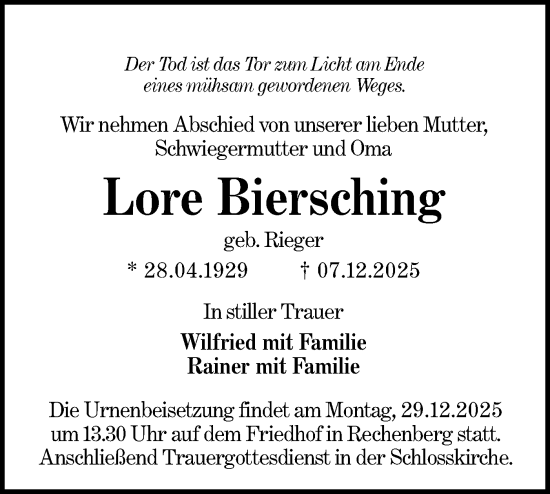 Traueranzeige von Lore Biersching von Hohenloher Tagblatt