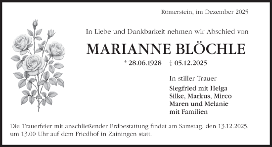 Traueranzeige von Marianne Blöchle von Alb-Bote/Metzinger-Uracher Volksblatt