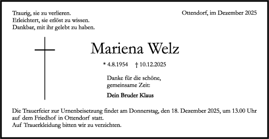 Traueranzeige von Mariena Welz von Rundschau Gaildorf