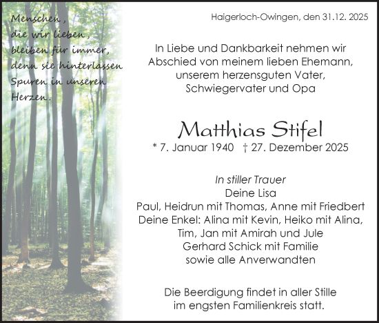 Traueranzeige von Matthias Stifel von SÜDWEST PRESSE Zollernalbkreis/Hohenzollerische Zeitung