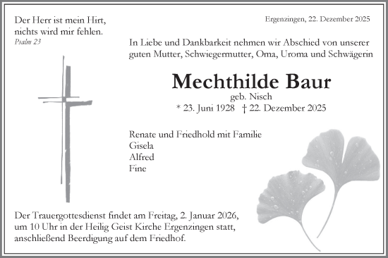 Traueranzeige von Mechthilde Baur von Schwäbische Tagblatt