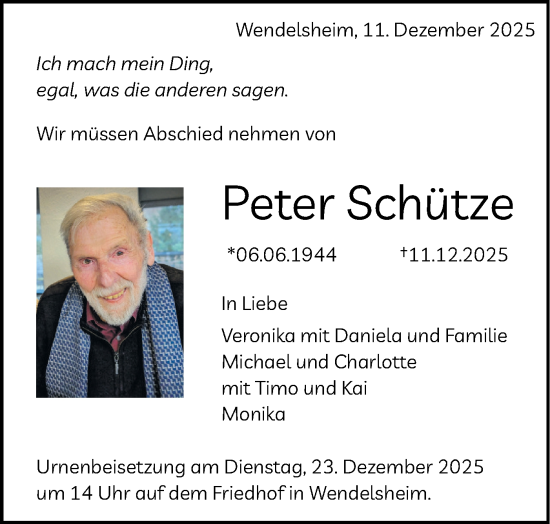 Traueranzeige von Peter Schütze von Schwäbische Tagblatt
