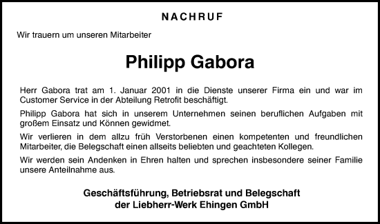Traueranzeige von Philipp Gabora von Ehinger Tagblatt