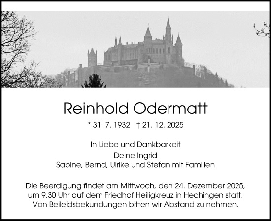 Traueranzeige von Reinhold Odermatt von SÜDWEST PRESSE Zollernalbkreis/Hohenzollerische Zeitung