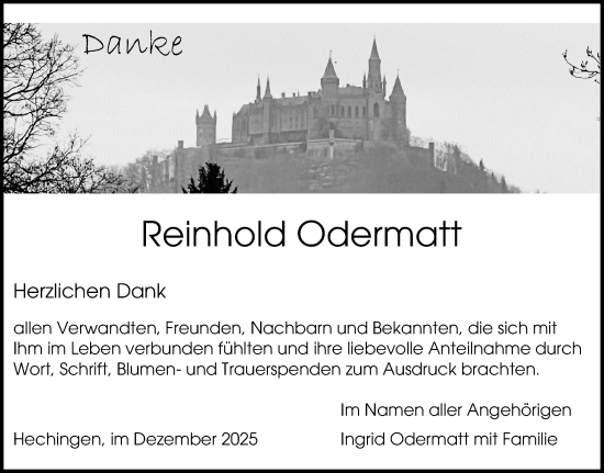 Traueranzeige von Reinhold Odermatt von SÜDWEST PRESSE Zollernalbkreis/Hohenzollerische Zeitung