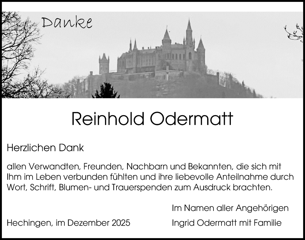  Traueranzeige für Reinhold Odermatt vom 31.12.2025 aus SÜDWEST PRESSE Zollernalbkreis/Hohenzollerische Zeitung