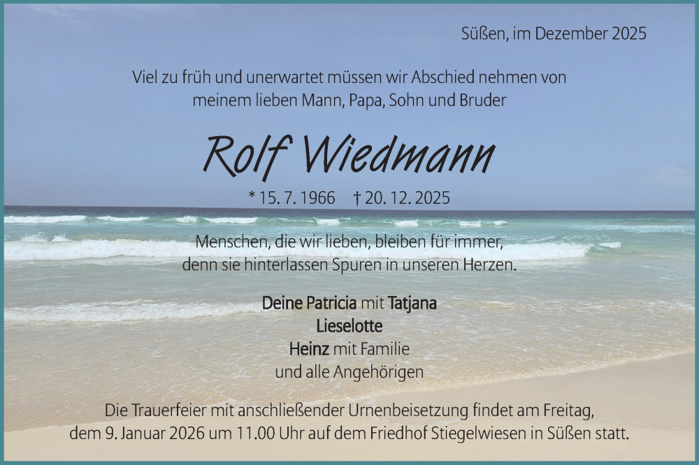  Traueranzeige für Rolf Wiedmann vom 30.12.2025 aus NWZ Neue Württembergische Zeitung/Geislinger Zeitung